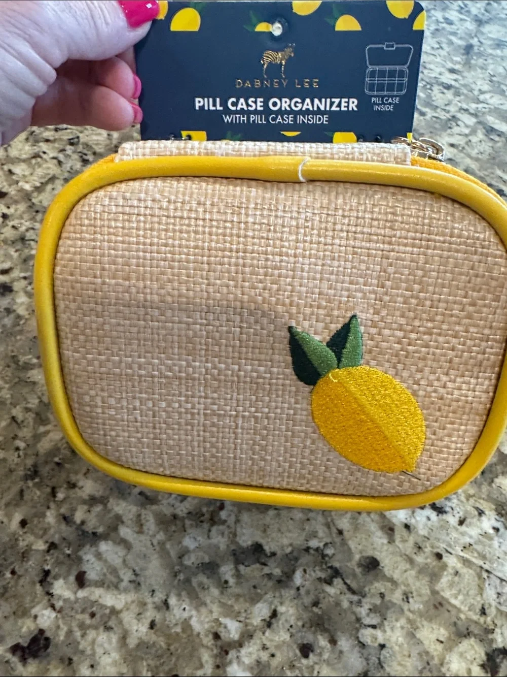Dabney Lee Tan Straw Pill Case with Yellow Lemon Embroidery NWT